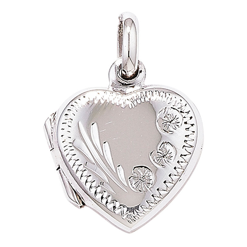 Silver heart-shaped locket with engraved design on a white background