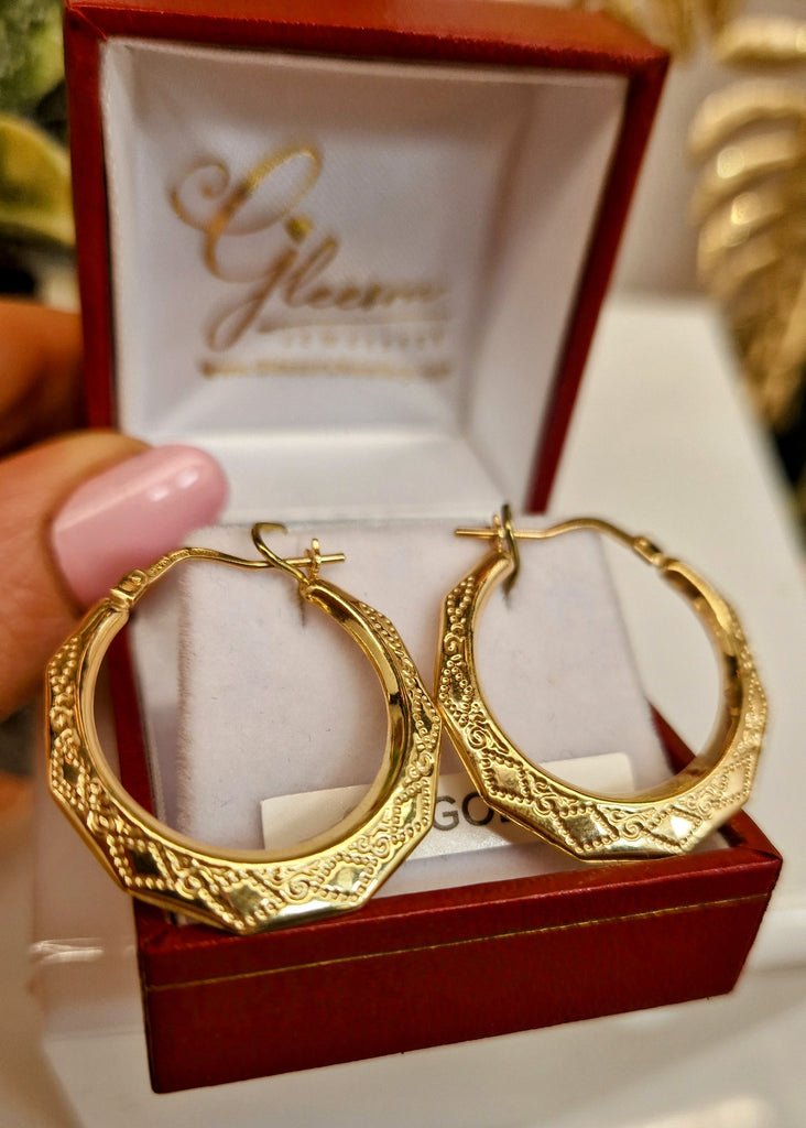 9ct Gold hoop creole aztec earrings 