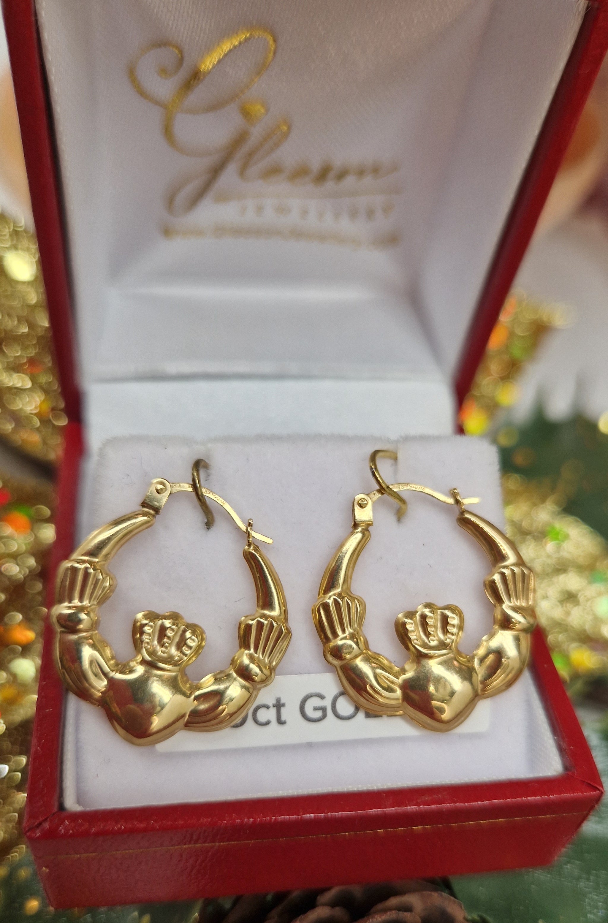 9ct Yellow Gold Claddagh Creole Earrings – Leverback Hoops, UK Made