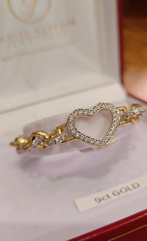 Gleeson Jewellers,  9ct gold children’s belcher bracelet with heart. 