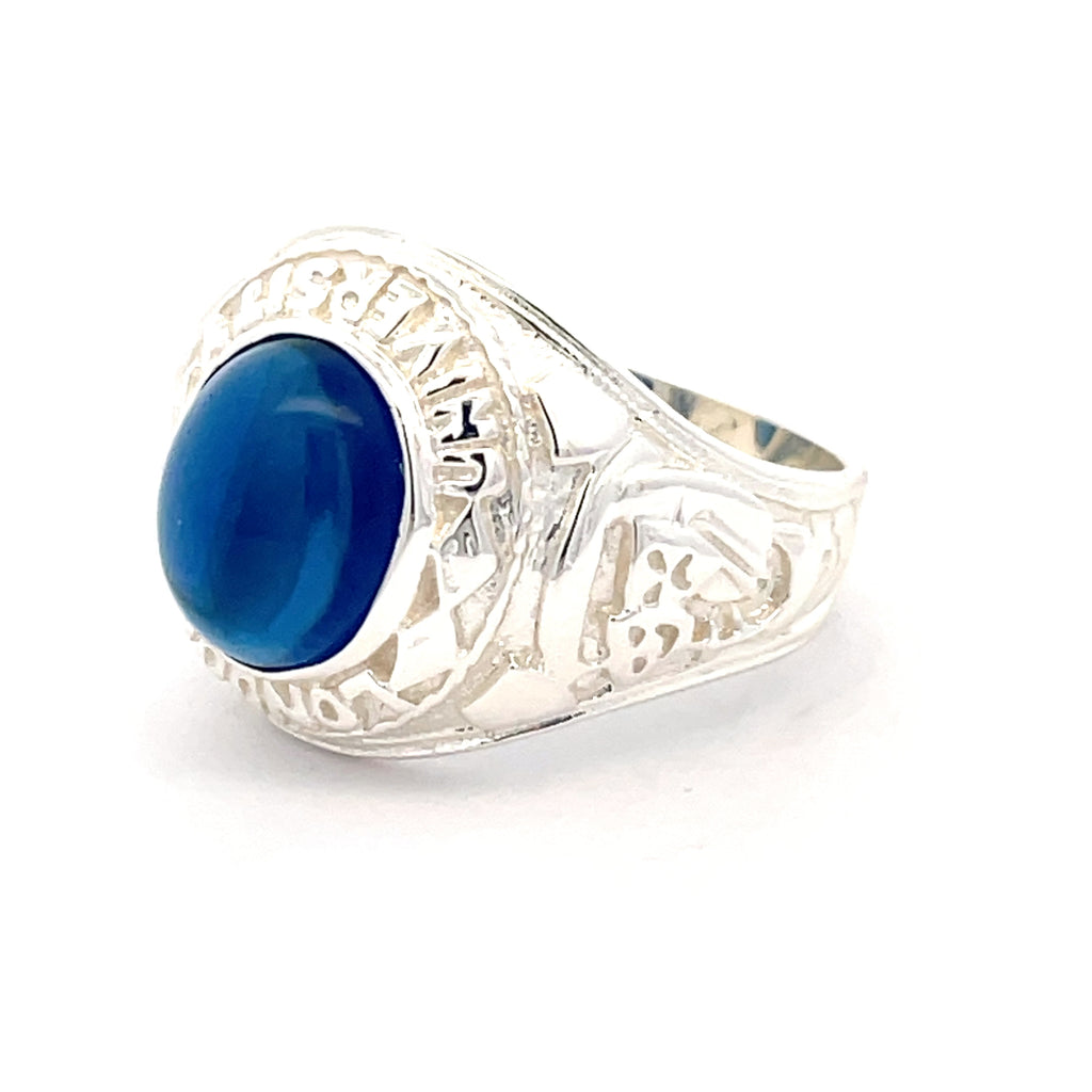 Men’s Silver college ring with a blue stone on a white background Gleeson jewellers