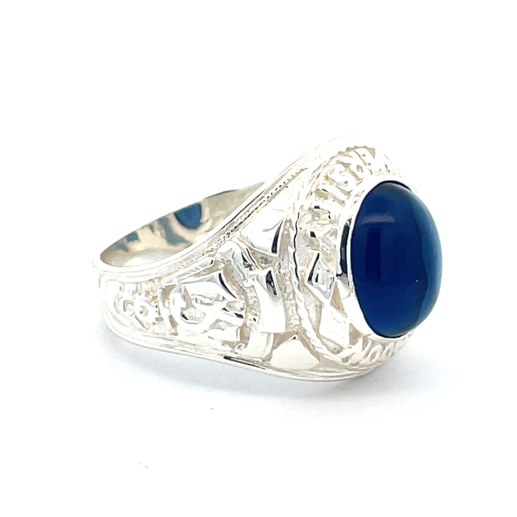 Silver blue stone college ring with a blue stone on a white background from Gleeson Jewellers 