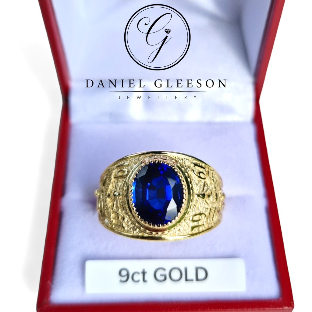 College ring with blue stone