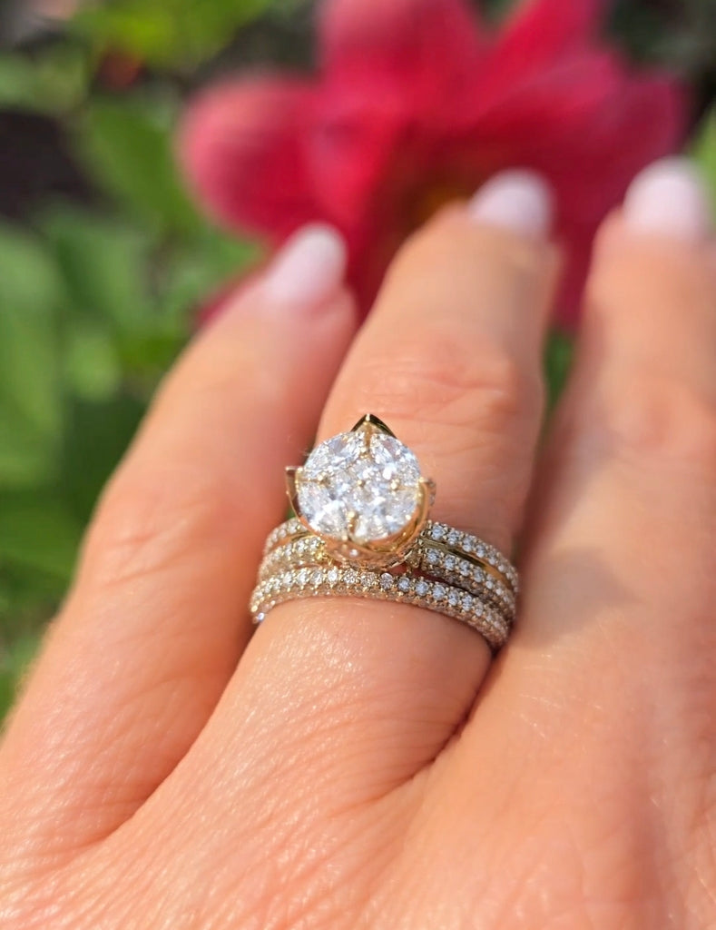 Close-up of the Clíona 14ct yellow gold diamond bridal ring set from Gleeson Jewellers, featuring a crown-style cluster of natural diamonds over pavé-set bands.