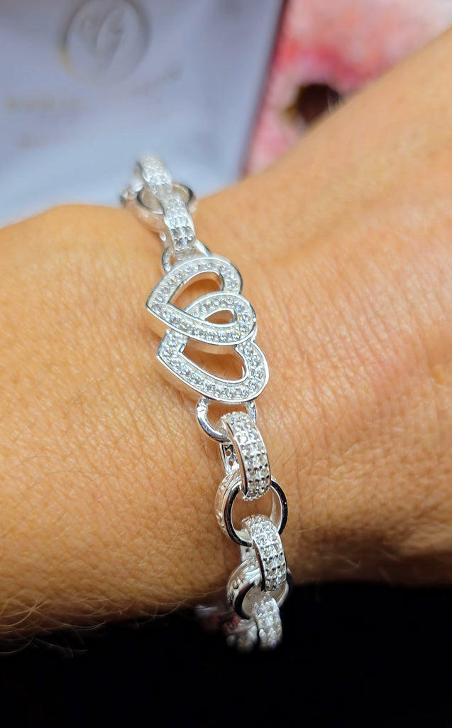 Sterling Silver Cubic Zirconia double heart belcher bracelet from Daniel Gleeson Jewellers Cork 