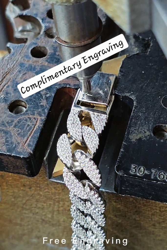 Close-up of engraving machine personalising the clasp plate of the Gleeson Jewellers CZ Cuban bracelet, with "Complimentary Engraving" overlay.
