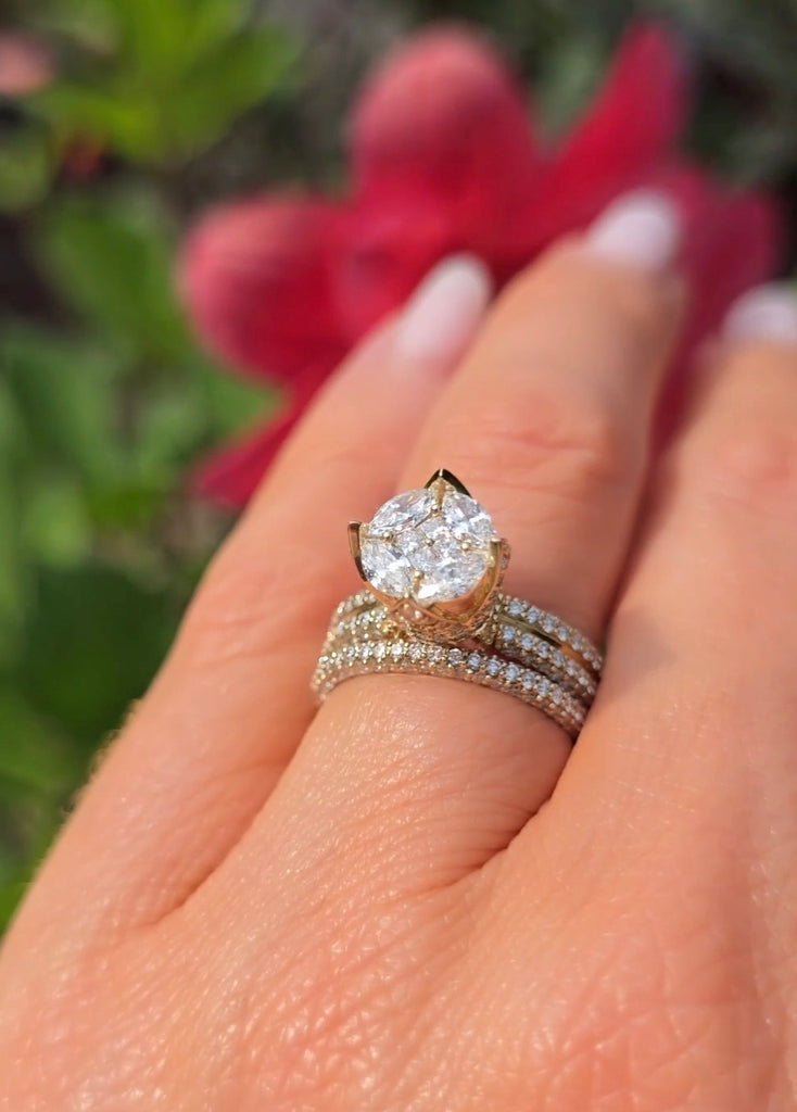 Gleeson Jewellers’ Clíona ring set in 14ct yellow gold, natural diamond cluster and matching diamond band sparkling in sunlight.
