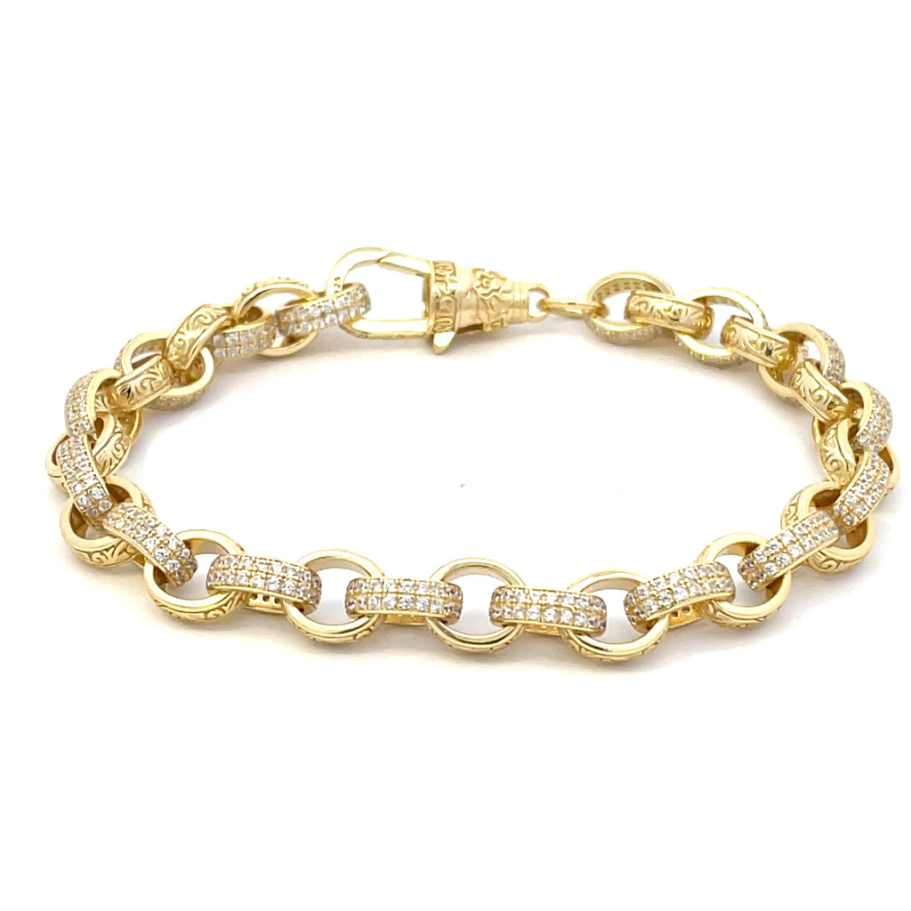 Studio-style image of the gold-plated sterling silver CZ oval-link belcher bracelet laid flat in a circular shape.