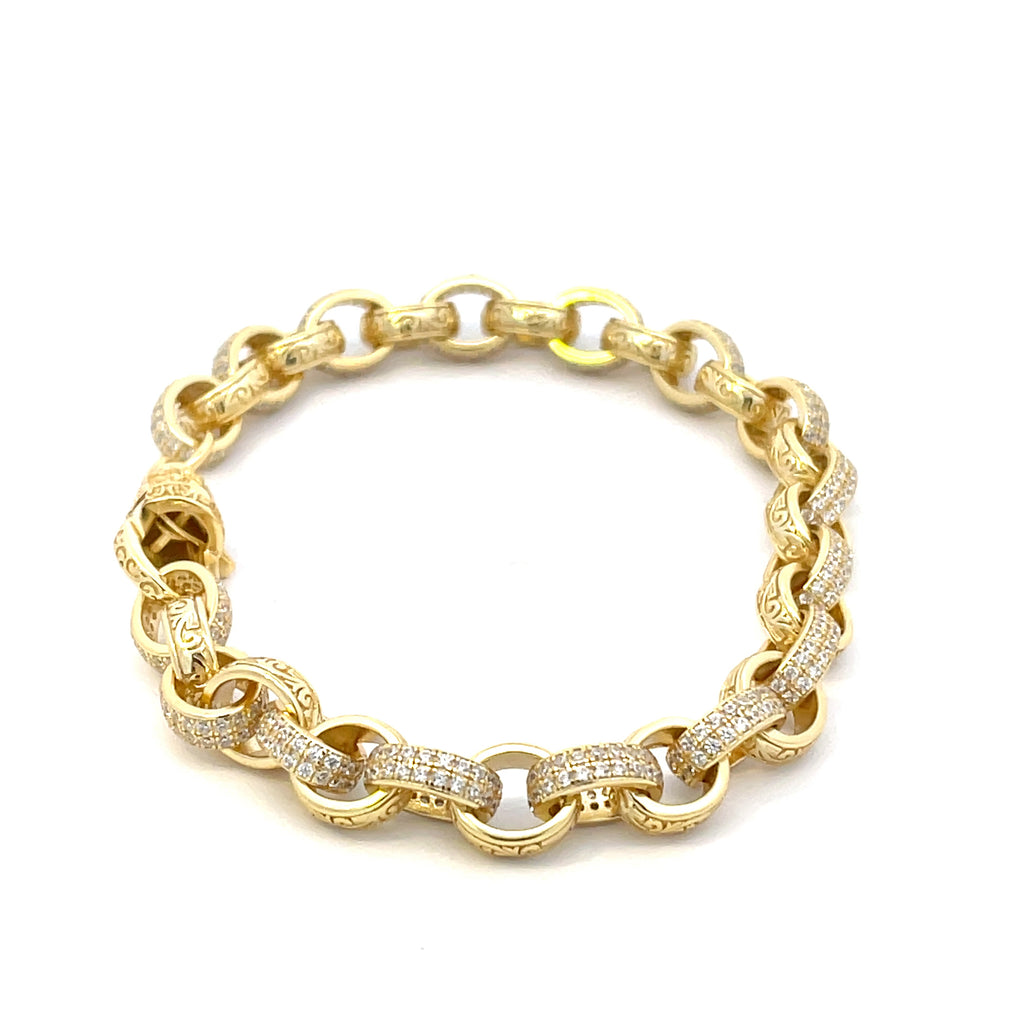 High-detail white background image of the gold-plated sterling silver 9 mm CZ belcher bracelet with secure clasp.