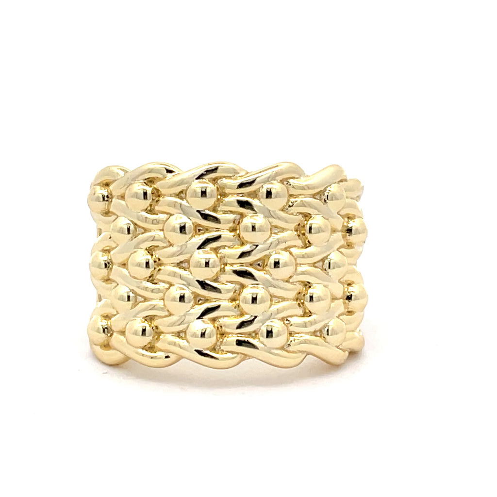 Men’s Sterling Silver Keeper Ring with gold plating – front view showing intricate interwoven design, Gleeson Jewellers Cork.