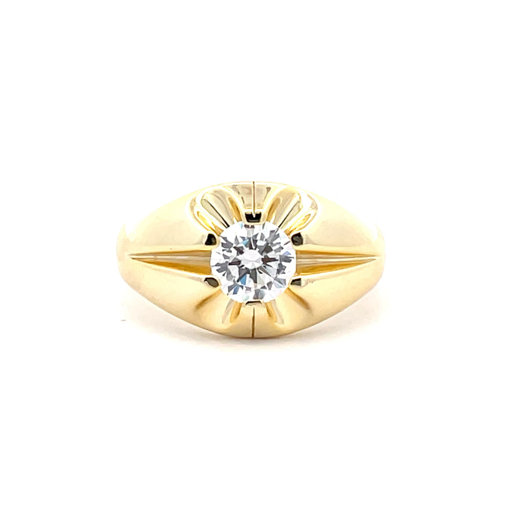 Front view of men’s Sterling Silver 925 gold-plated solitaire ring featuring a brilliant round cubic zirconia stone in a bold sunburst-style setting, from Gleeson Jewellers.