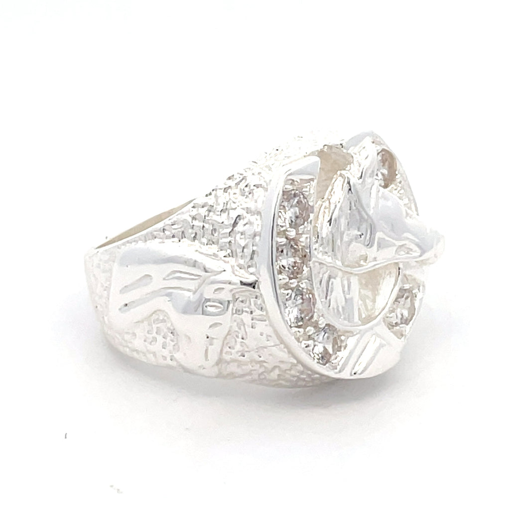 Angled view of men’s sterling silver horseshoe head ring with cubic zirconia accents.