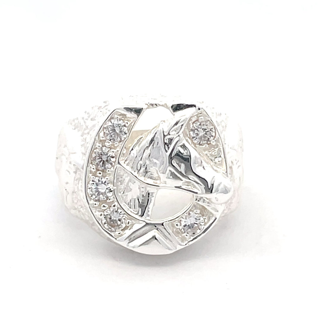 Men’s sterling silver horseshoe head ring with detailed horse’s head and cubic zirconia, shown from the front.