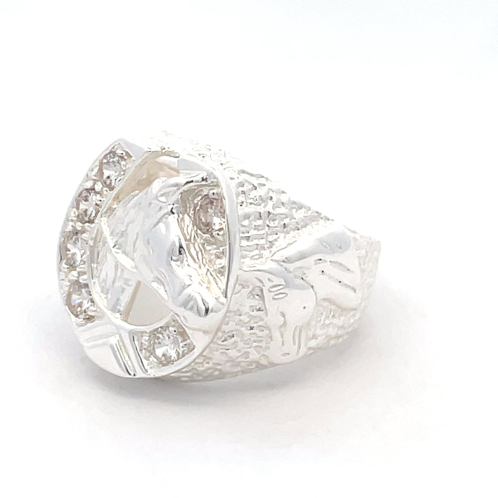 Side view of sterling silver men’s horseshoe ring with horse’s head and sparkling stones, available at Gleeson Jewellers.