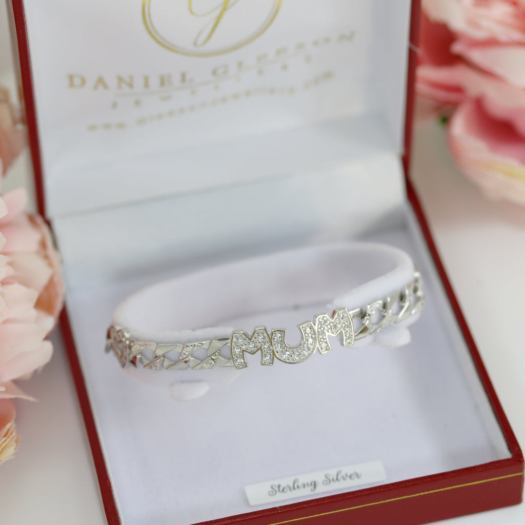 Elegant Sterling Silver Mum Bracelet with CZ embellishments presented in a jewelry gift box with floral accents. Available at Daniel Gleeson Jewellers, Cork