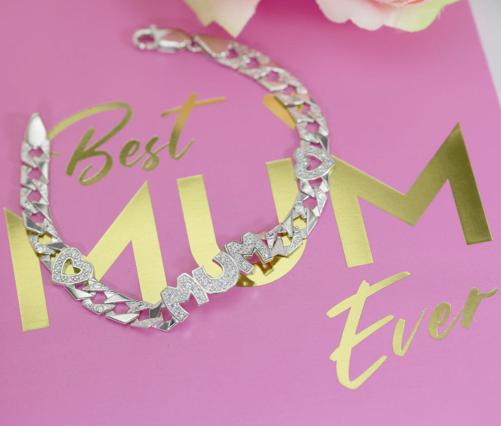 Sterling Silver Mum Bracelet with sparkling CZ details placed on a 'Best Mum Ever' card, making it a perfect Mother’s Day gift. Available online at Daniel Gleeson Jewellers