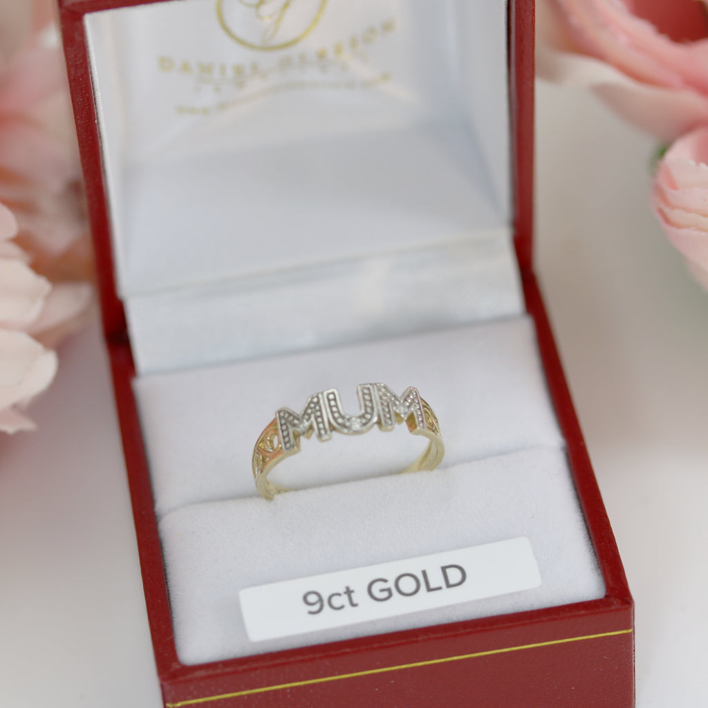 9ct Gold Mum Ring with 2pt Natural Diamond displayed in a luxurious red and white jewelry box. A perfect Mother’s Day gift, available online