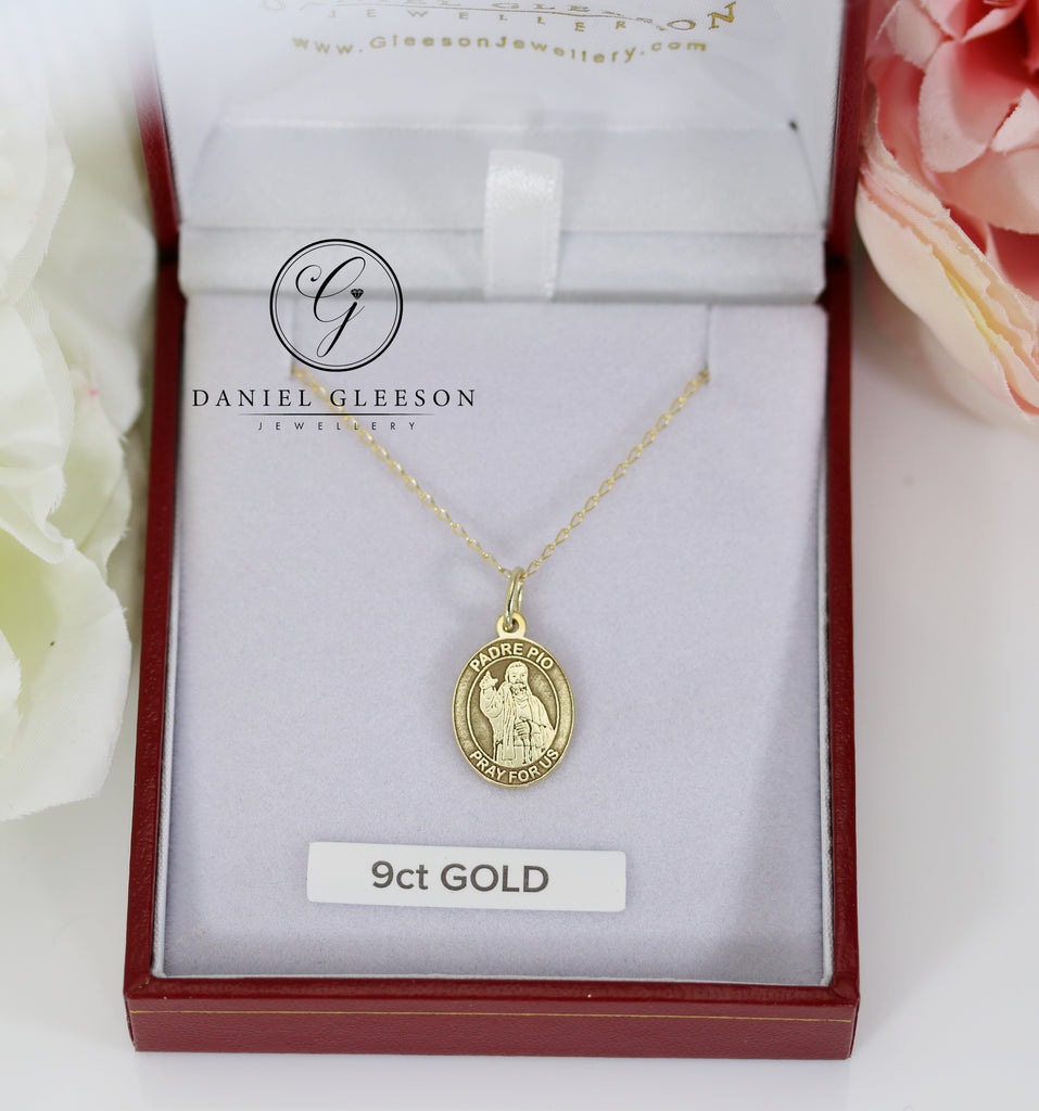 9ct Gold Padre Pio Medal & Chain in a red gift box from daniel gleeson jewellers cork 