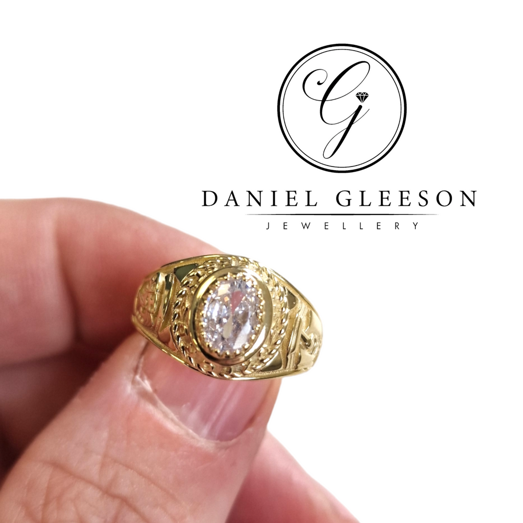 kids college ring in 9ct gold with clear stone, Daniel Gleesons Jewellers, Cork