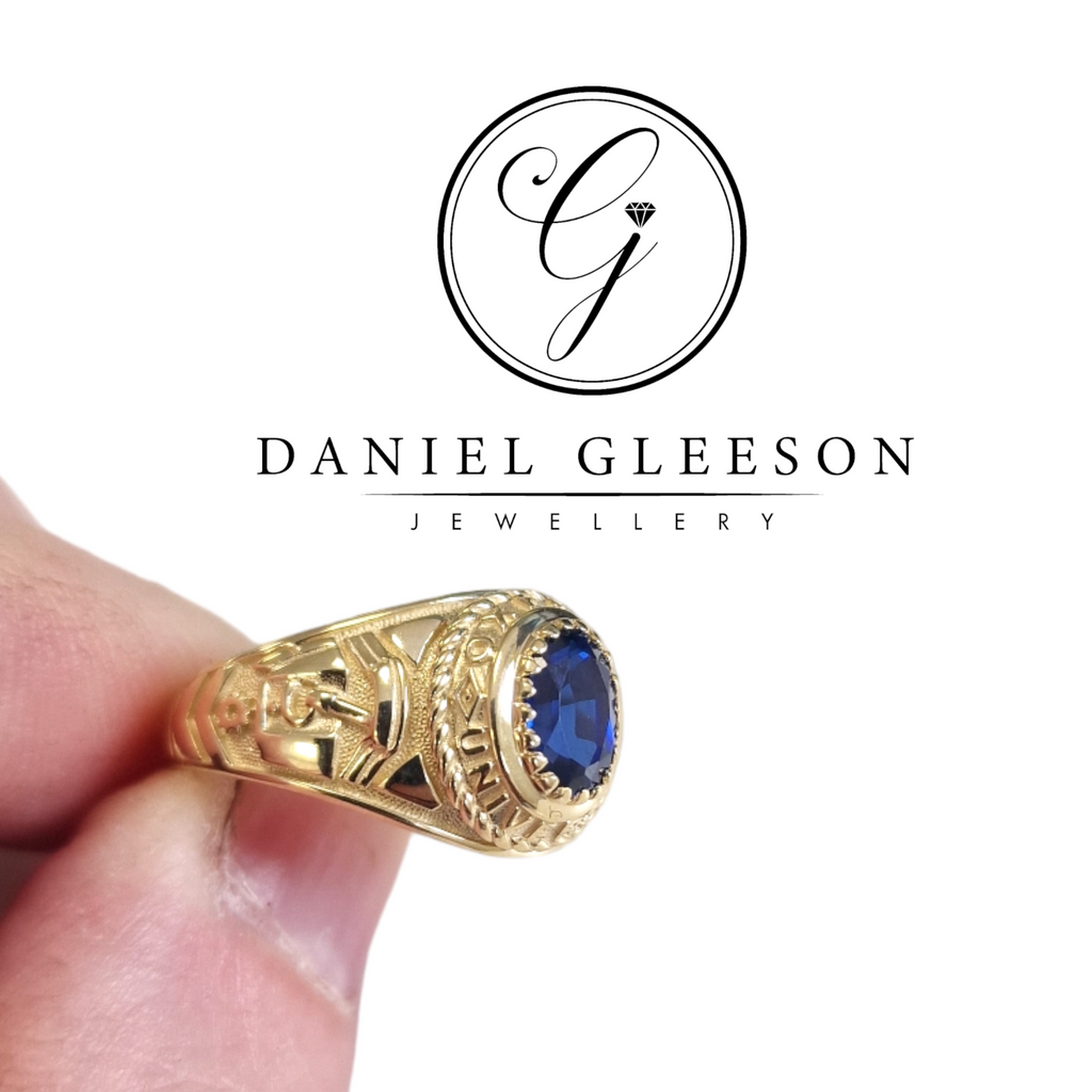 college ring kids size in 9ct gold with blue stone, Daniel Gleesons Jewellers, Cork