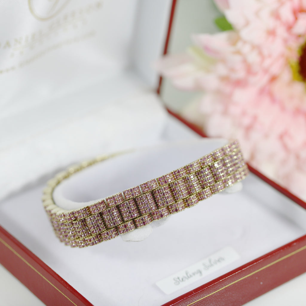 9ct gold gleeson jewellers pink fully iced out ladies rolex style bracelet
