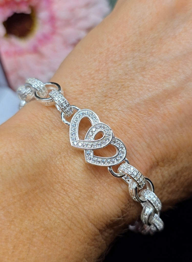 Sterling Silver double heart ladies woman's  belcher bracelet 