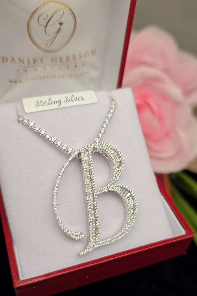 Daniel Gleeson Jewellers, Cork. Large Baguette Script Initial Pendant & Chain.  