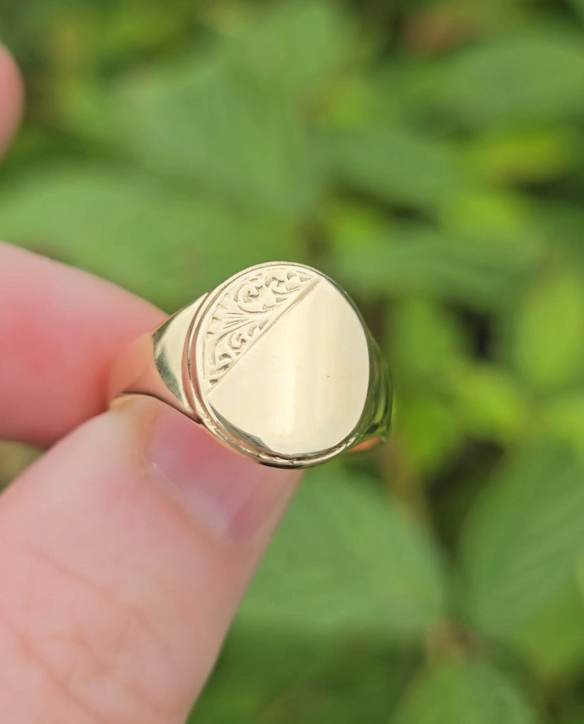Bold gold signet ring with intricate half-engraving, side view – Gleeson Jewellers