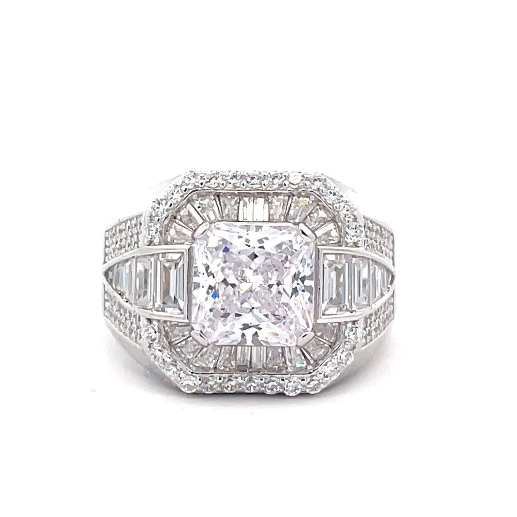Front view of Sterling Silver men’s large ‘Arcline’ dress ring featuring a square-cut cubic zirconia centre stone with baguette-cut sides, Gleeson Jewellers.