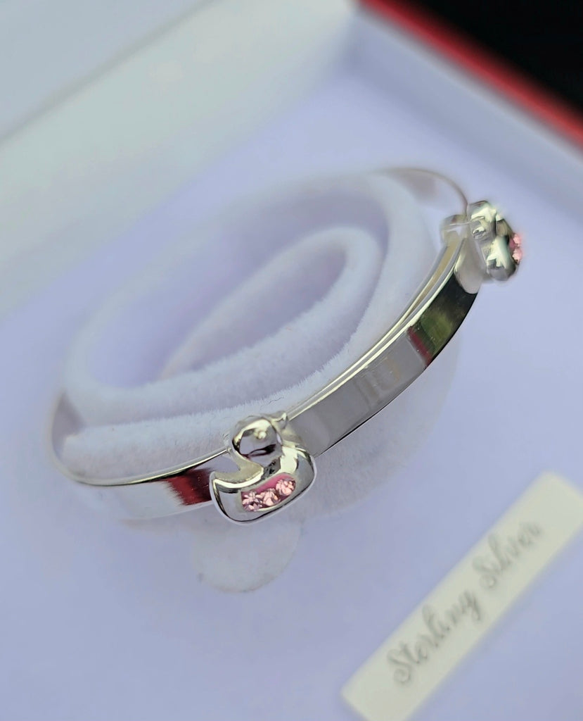 Sterling Silver pink cz Expandable Baby Bangle with ducks on. It's an Engravable bangle from Daniel Gleeson Jewellers Cork 