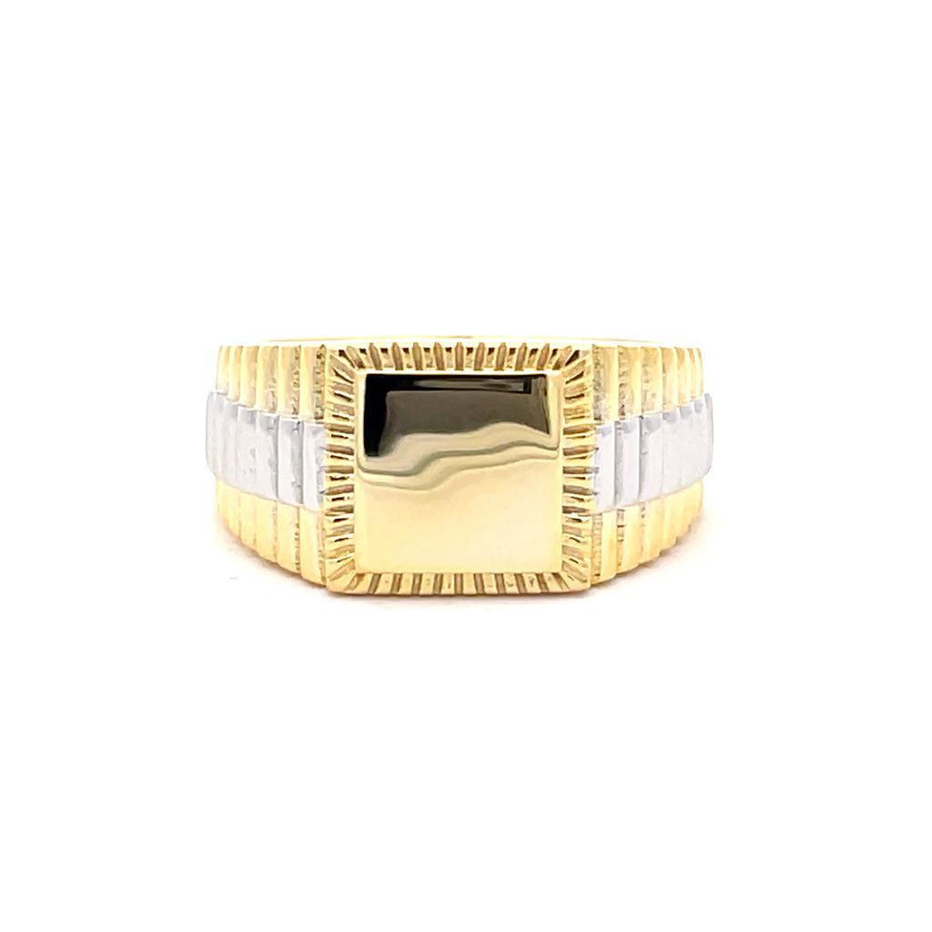 Front view of men’s Sterling Silver 925 gold-plated Rolex-style signet ring with rectangular face and ridged edges, from Gleeson Jewellers.