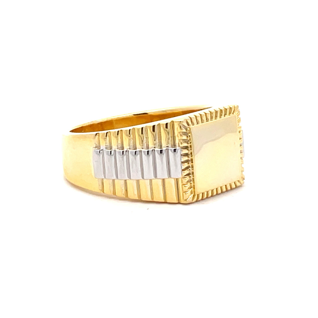 Angled view showing the two-tone silver and gold design of a men’s Rolex-inspired gold-plated signet ring, Gleeson Jewellers Cork.