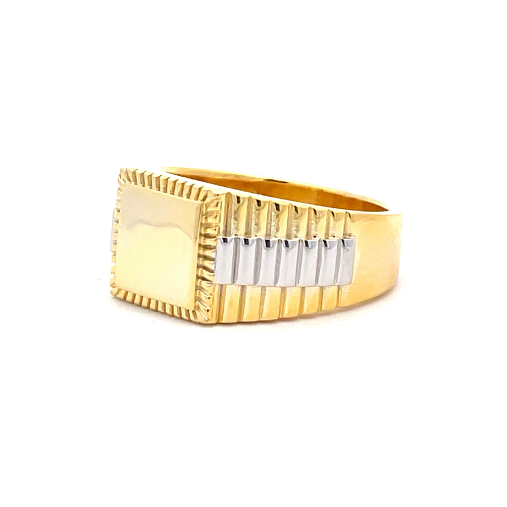 Side profile of men’s gold-plated Sterling Silver Rolex-style signet ring highlighting the detailed ridged band and polished finish