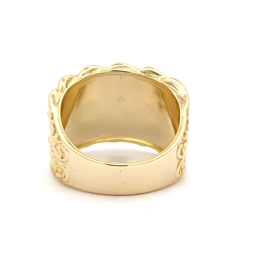 Back view of Men’s gold-plated Sterling Silver Keeper Ring showing band detail and smooth inner finish.