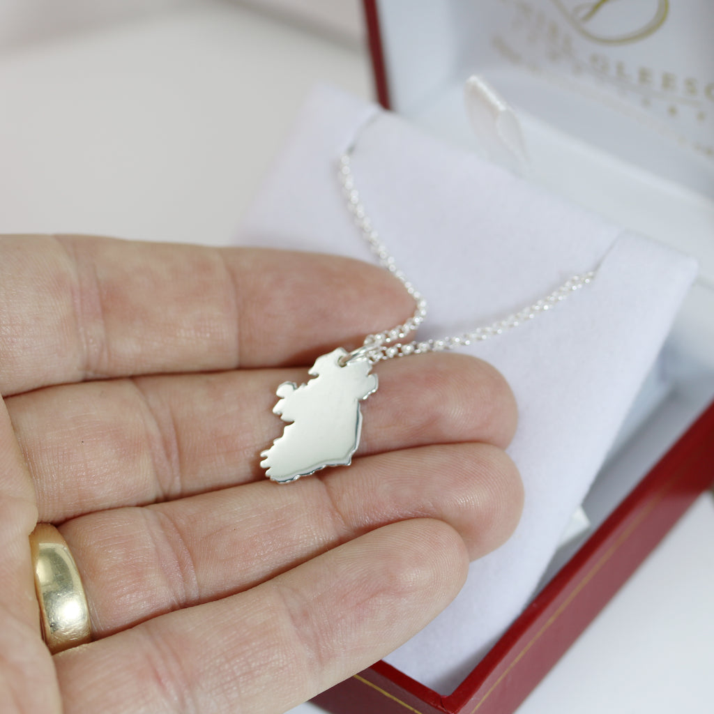Ireland silhouette pendant in sterling silver with 18-inch chain, presented by Gleeson Jewellery