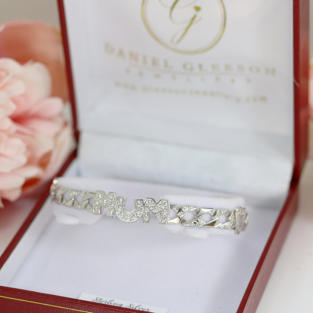 Sterling Silver Mum Bracelet with cubic zirconia details resting in a luxurious jewelry box, perfect for gifting. Available online at Daniel Gleeson Jewellers