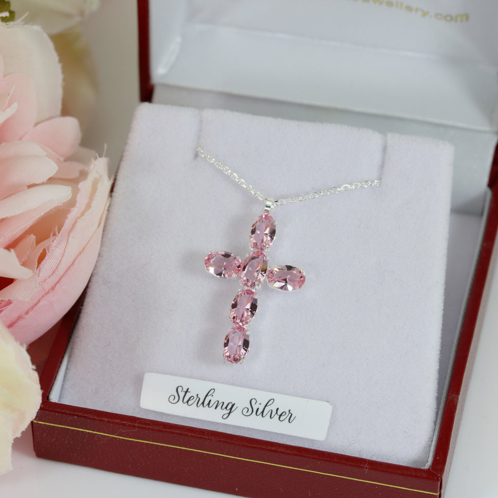 Pink cross and chain - pink cz's set in 925 sterling silver accompanied with at 16" chain - Gleeson Jewellery Cork 