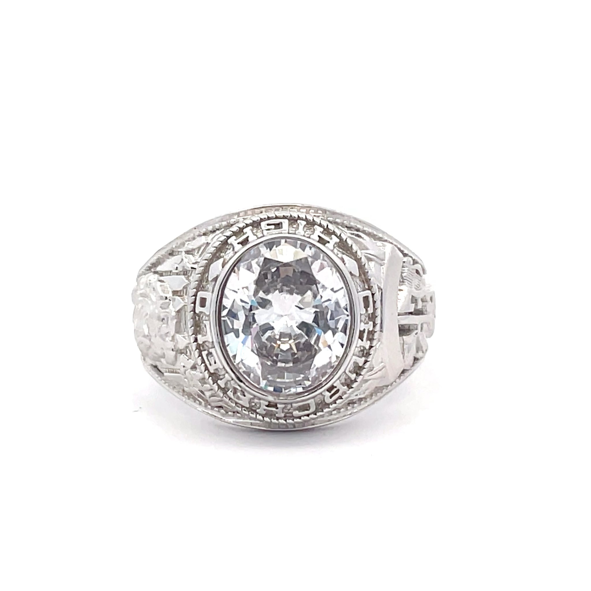 Solid Heavy Sterling Silver Mens Clear CZ College Ring - Filled in