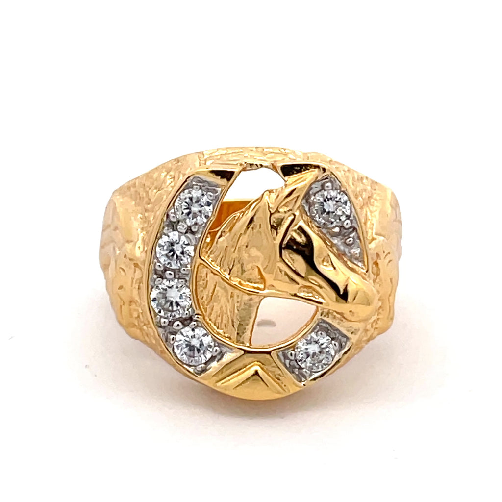 Men’s sterling silver gold-plated horseshoe ring with detailed horse’s head and cubic zirconia, shown from the front.