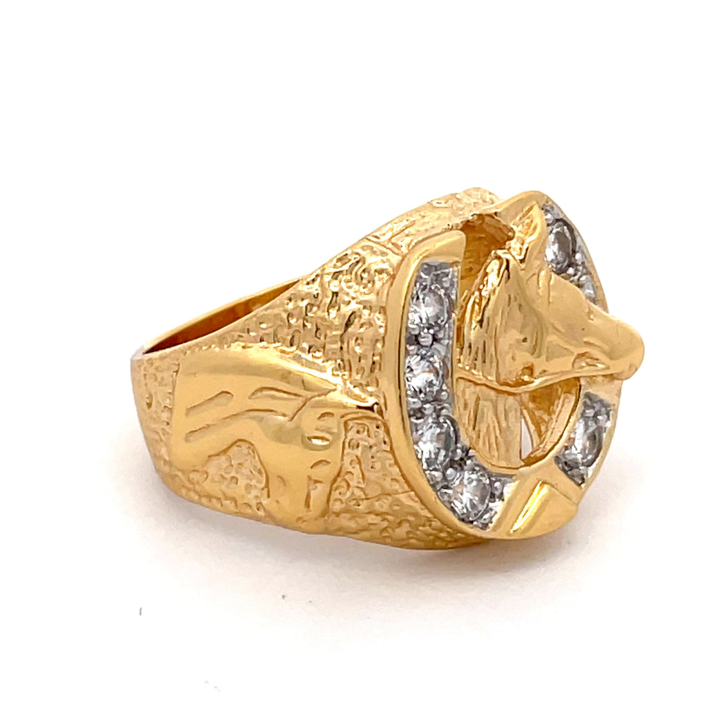 Side view of sterling silver gold-plated men’s horseshoe head ring with sparkling stones, available at Gleeson Jewellers.