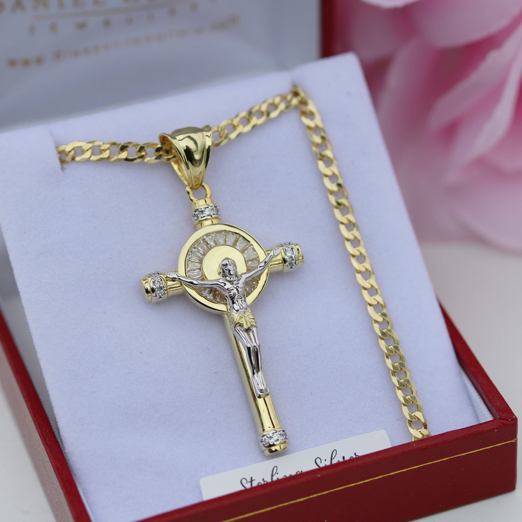 Sterling Silver with Gold Plating Crucifix Cross pendant displayed in a luxurious jewelry box with a 24-inch curb chain, featuring intricate detailing and CZ accents