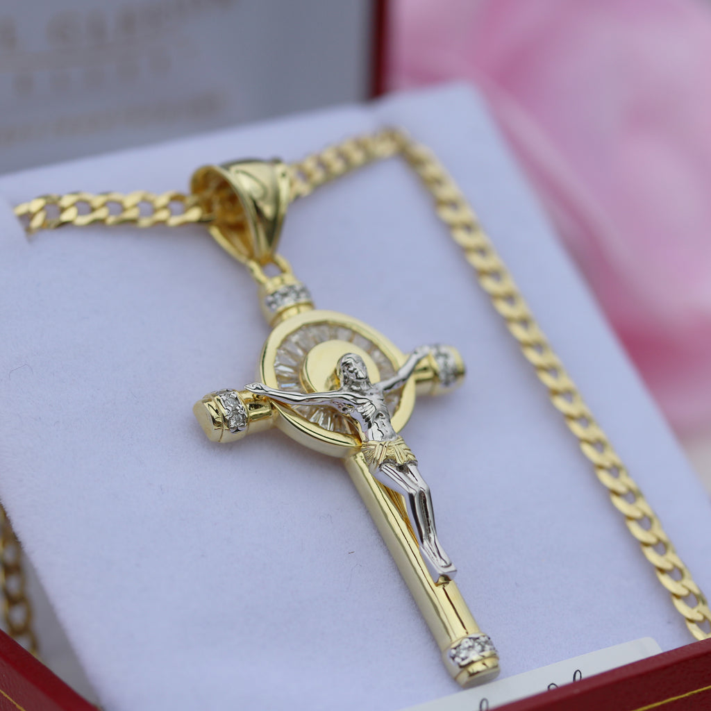 Detailed Sterling Silver Crucifix Cross pendant with gold plating, cubic zirconia accents, and a sturdy 24-inch curb chain, perfect for a religious gift or personal devotion