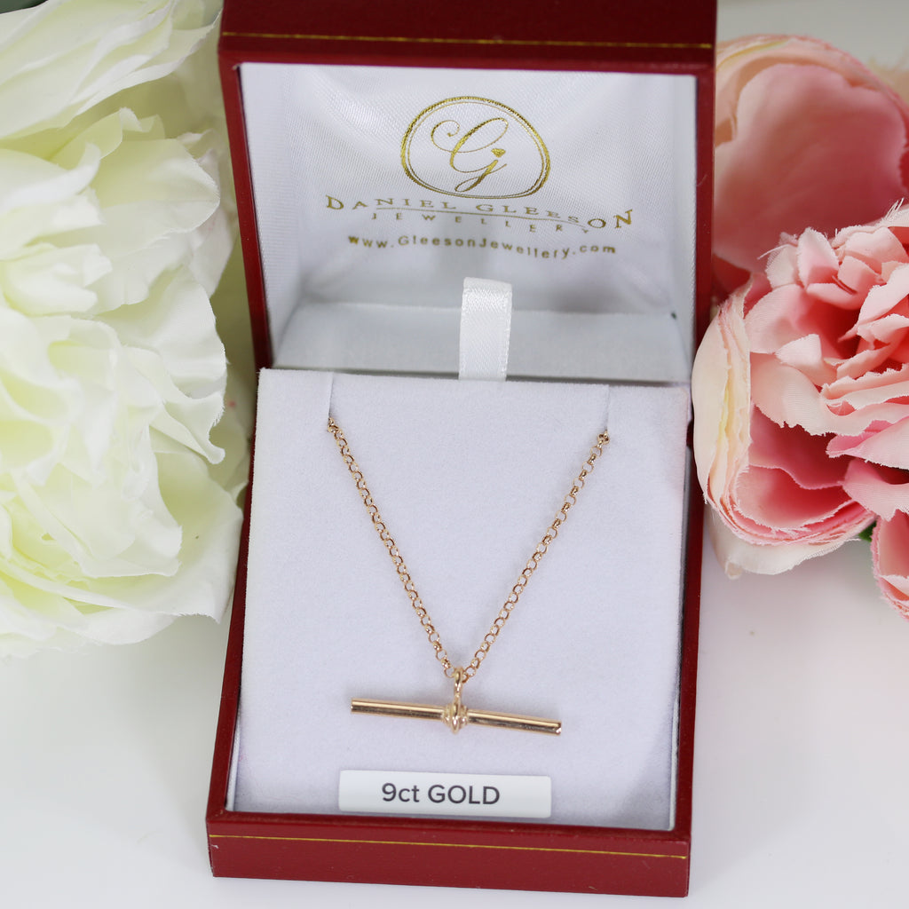 Rose gold 9ct straight t-bar necklace and chain from daniel gleeson jewellers cork in a red gift box