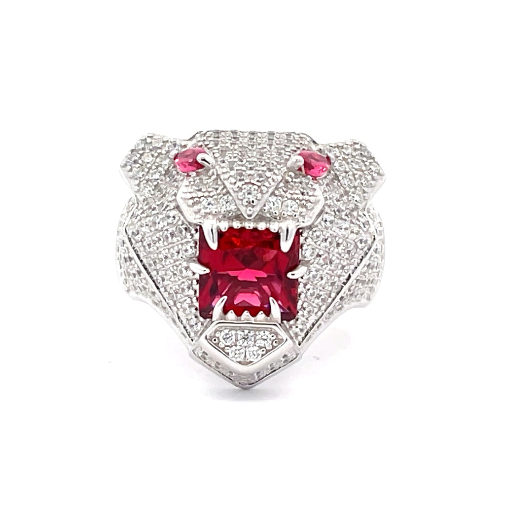 Front view of Sterling Silver men’s panther head dress ring featuring ruby-red stones and clear cubic zirconia, Gleeson Jewellers.
