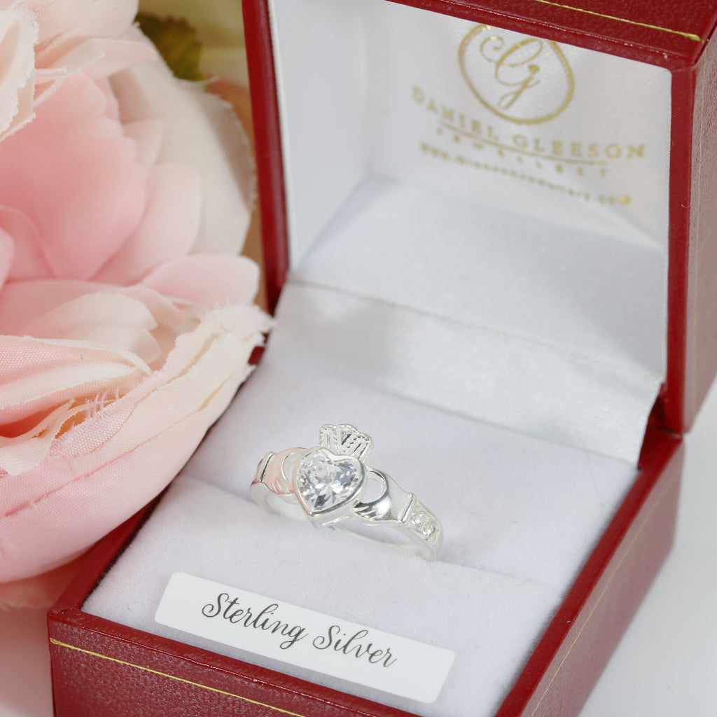 Beautiful Silver Claddagh Ring Displayed in a gleeson jewellery red display box - Cork Ireland Jewellers 