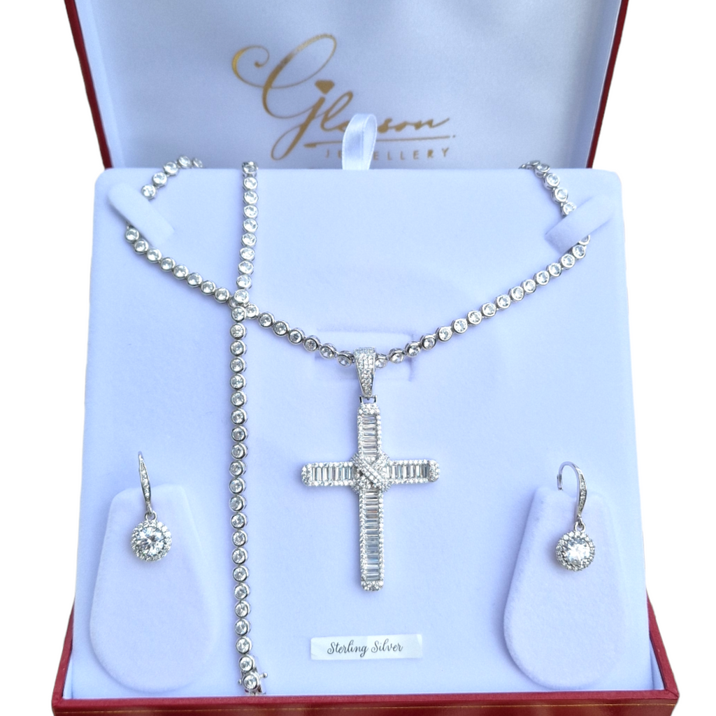 Gleesons jewellers cork, daniel gleeson jewellers tennis set with bracelet, earrings, necklace and cross in a red leather gift box