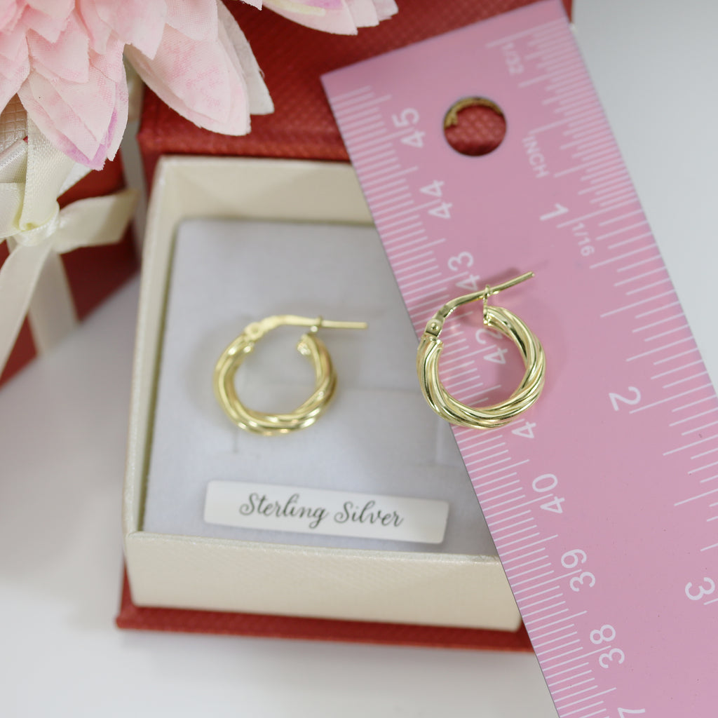 Gold vermeil hoop earrings in red gift box with ruler and floral decor – Sterling Silver by Gleeson Jewellers, Cork