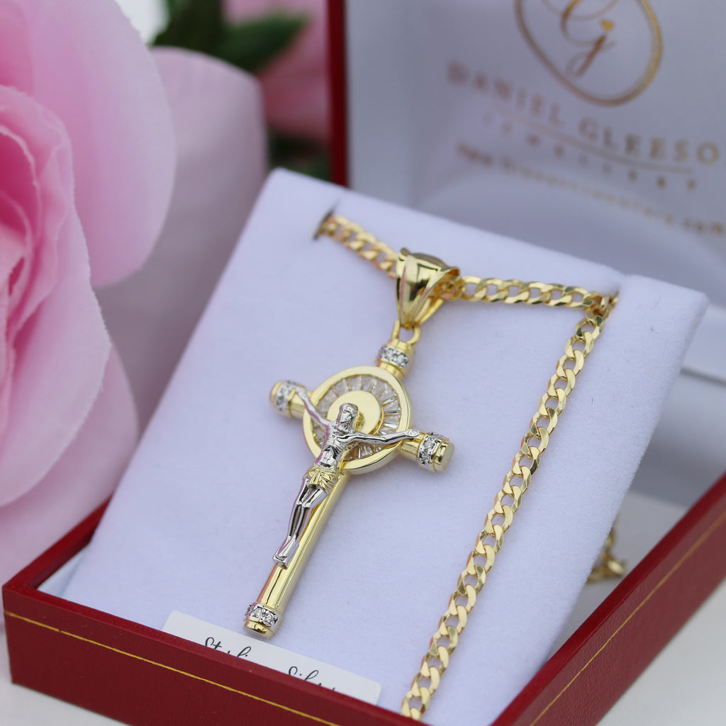 Elegant two-tone Sterling Silver and Gold Plated Crucifix Cross necklace with a 24-inch curb chain, beautifully presented in a gift box with soft floral accents