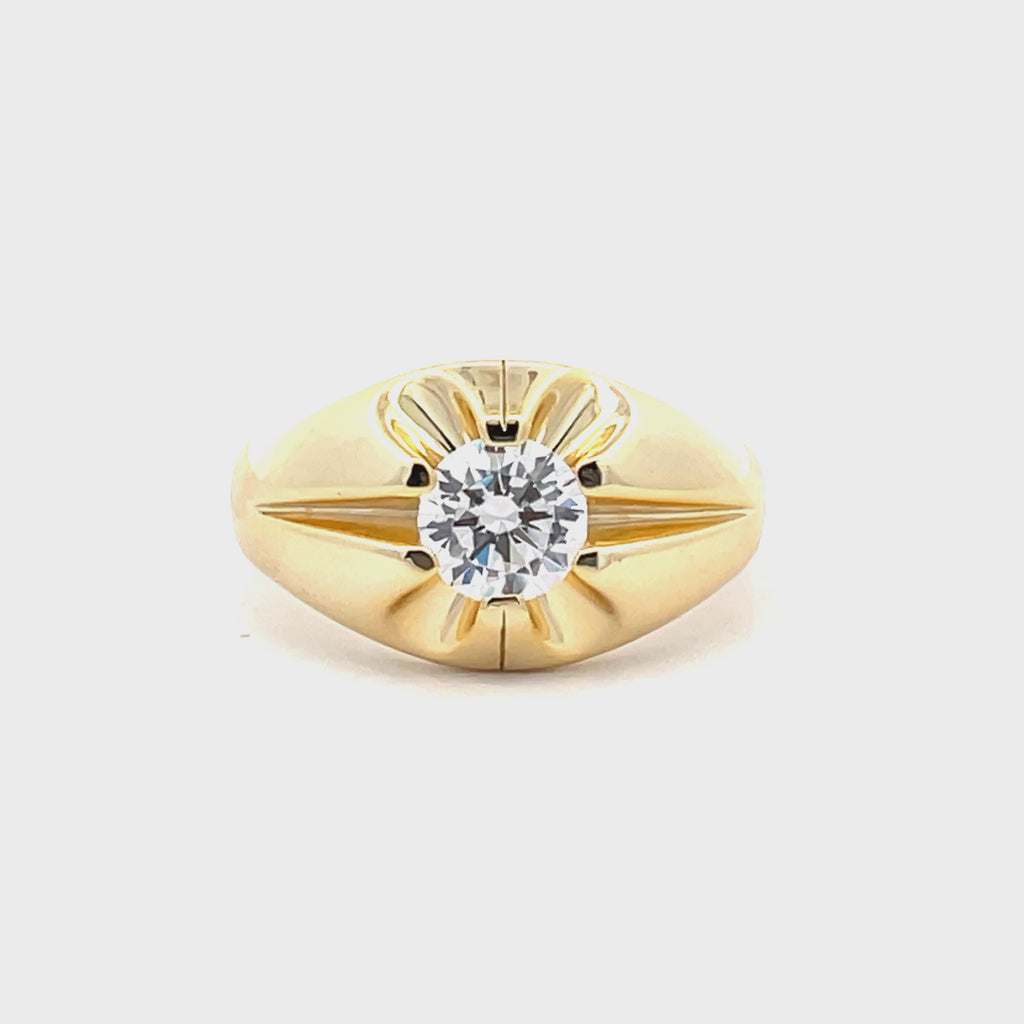 360 video clip of men’s Sterling Silver 925 gold-plated solitaire ring featuring a brilliant round cubic zirconia stone in a bold sunburst-style setting, from Gleeson Jewellers.