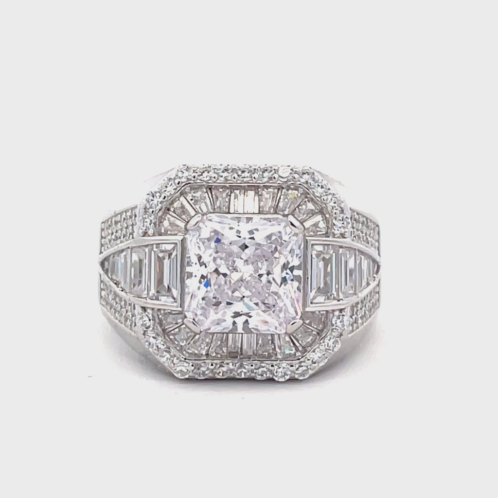 360 video clip view of Sterling Silver men’s large ‘Arcline’ dress ring featuring a square-cut cubic zirconia centre stone with baguette-cut sides, Gleeson Jewellers.